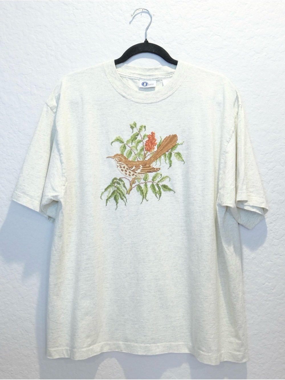 Vintage 90s Cross Stitch Bird T-Shirt L/XL Cottage Brown Thrasher Arizona Jean
